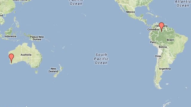 Map showing the locations of pygmy sundews in Australia and South America.