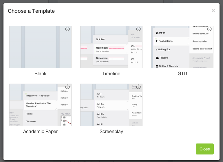 The templates Gingko offers for new projects