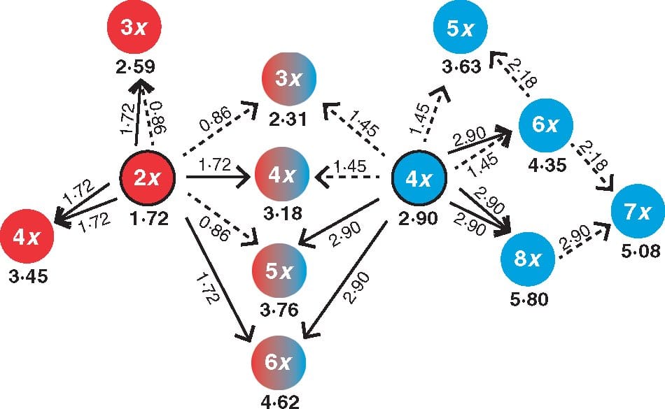 A theoretical overview of crosses involving reduced (dashed arrows) and unreduced (solid arrows) gametes of diploid (red with black stroke) and tetraploid (blue with black stroke) parents and cytotypes of the resulting offspring