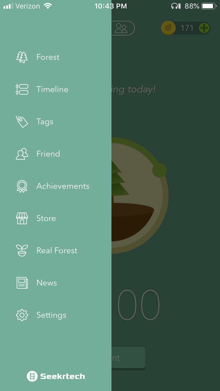 A list of options in the menu of Forest App