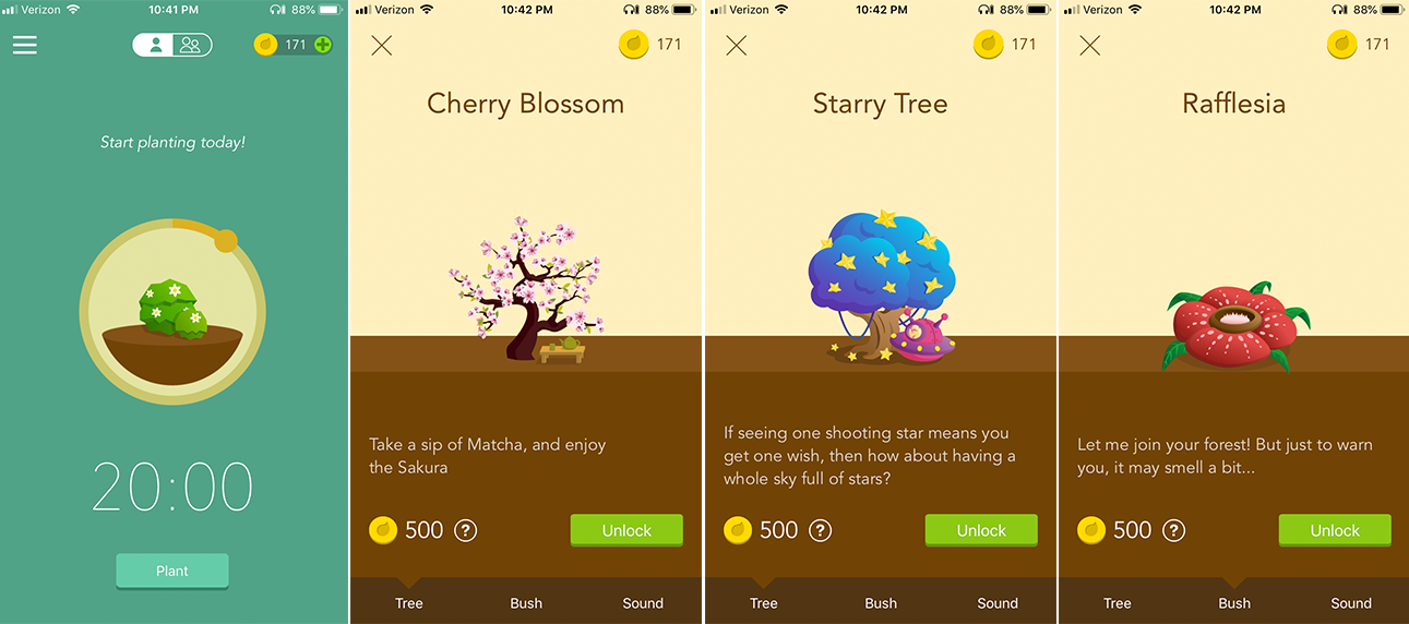 Digital art of a bush, a cherry  tree, a "starry tree", and Rafflesia