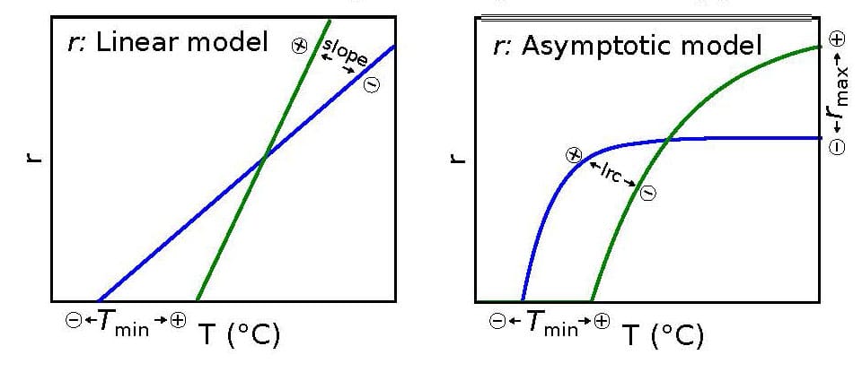 Graphs of the linear temperature response model and the asymptotic dose-response model based on a maximum absolute growth rate (rmax), minimum temperature (Tmin), and steepness of the response (lrc). Temperatures on on the x axis and growth rates are on the y axis.