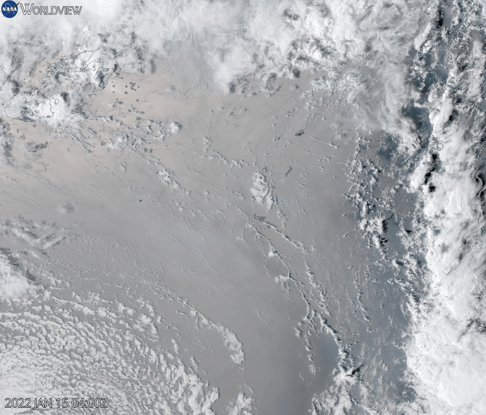 Stop motion satellite photography of the eruption on Tonga. A circular cloud of ash gets bigger as the eruption develops.