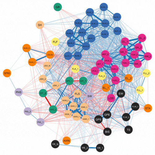 A correlation network of 72 traits shows complex interactions. Two grain yield traits care shown to be negatively correlated with grain protein.