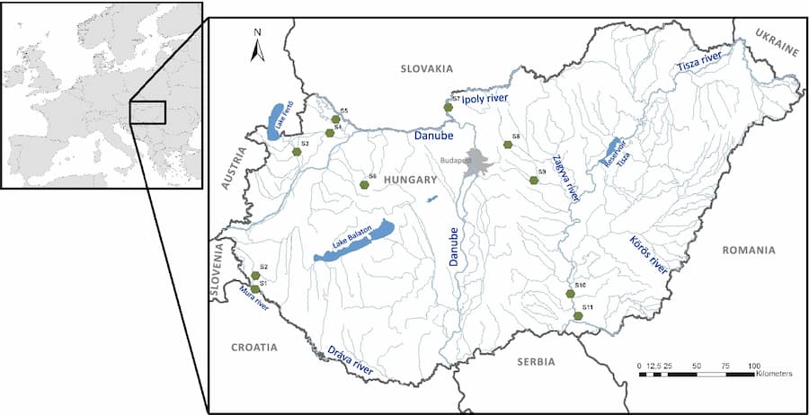 A map showing where Hungary is, and which rivers and canals the scientists investigated.