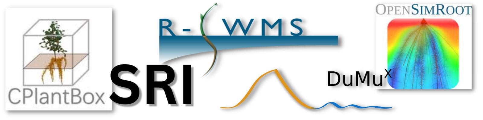 Logos for CPlantBox, R-SWMS, DuMux and OpenSimRoot, and the text "SRI"