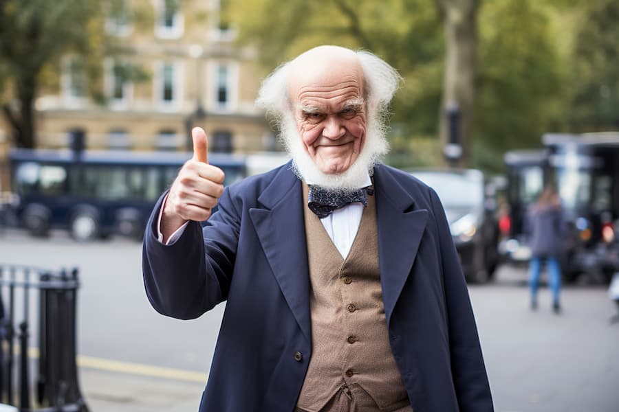 An elderly man, who could be Charles Darwin, stands in a street holding his thumb up.