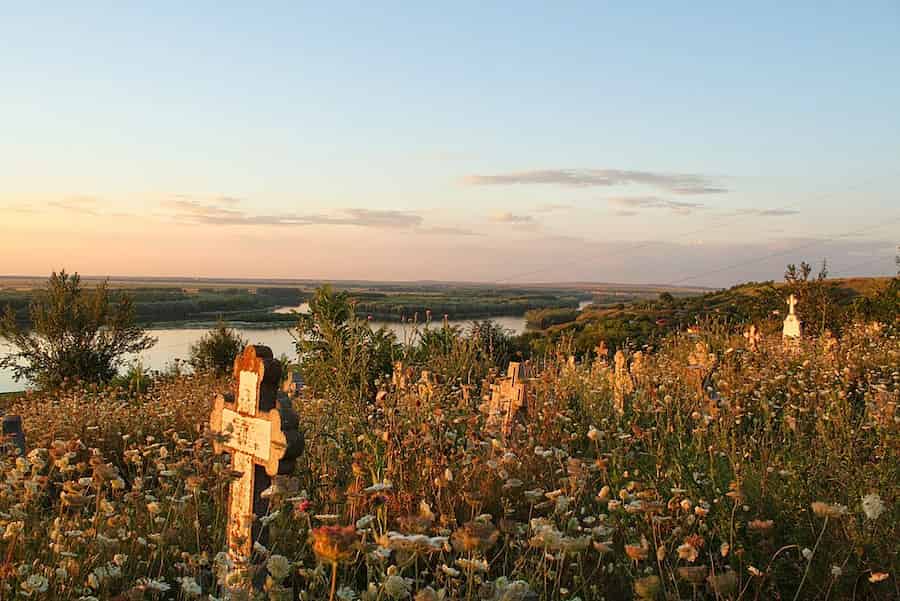 The gravestones are almost buried among the wildflowers near Cernavodă, Romania.