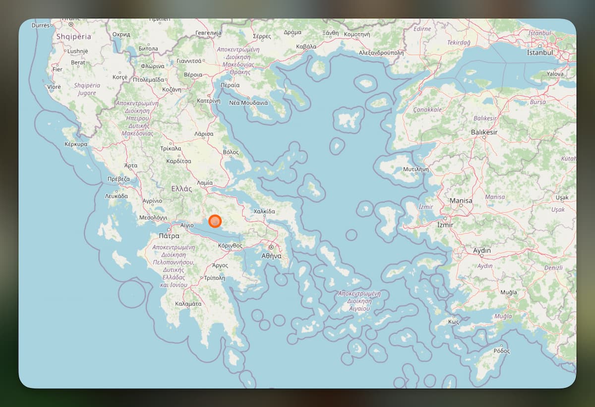 A map of Greece, showing the location of Antikyra, on the north coast of the Gulf of Corinth.