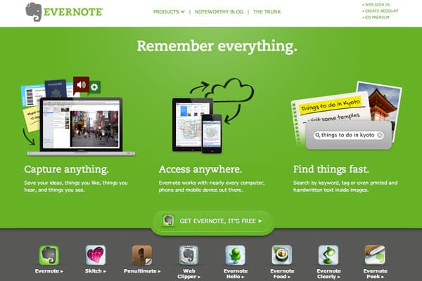 Evernote's welcome page