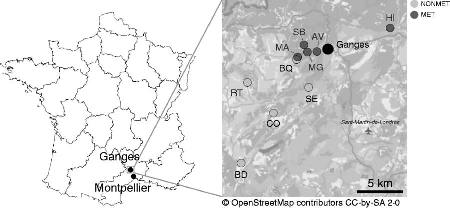 Geographical location of the ten natural populations of Noccaea caerulescens sampled in the South of France in 2012 and 2013.