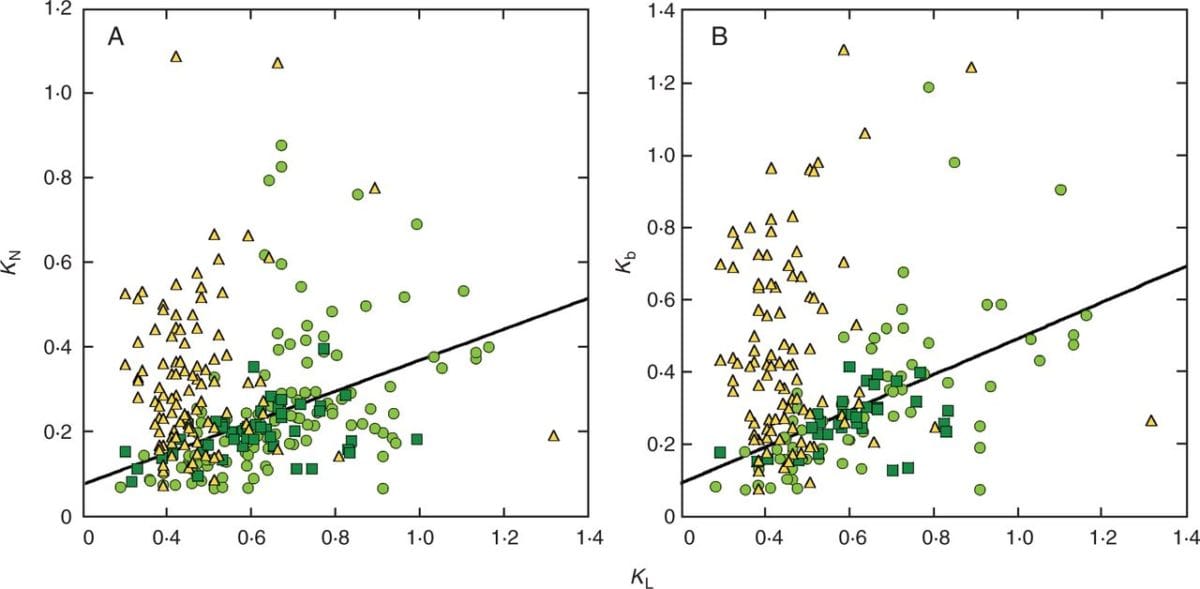 Relationship between nitrogen distribution coefficients and light extinction coefficient (KL).