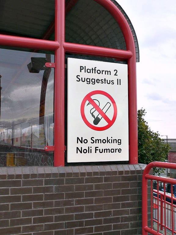One of the bilingual English and Latin signs at Wallsend Tyne and Wear Metro station. It reads "Platform 2 / Suggestus II / N