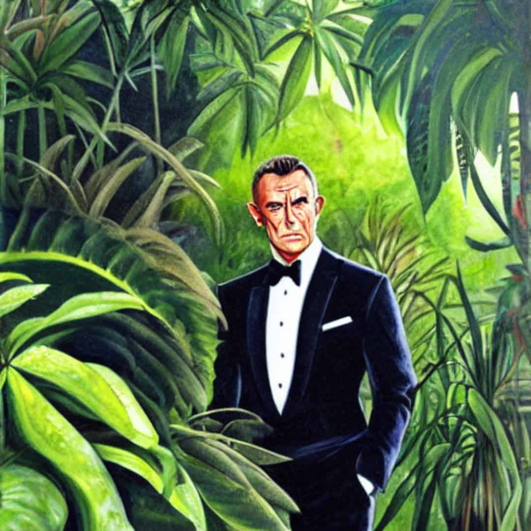 A James Bond like character among an extraordinarily lush collection of leaves in a botanic garden.