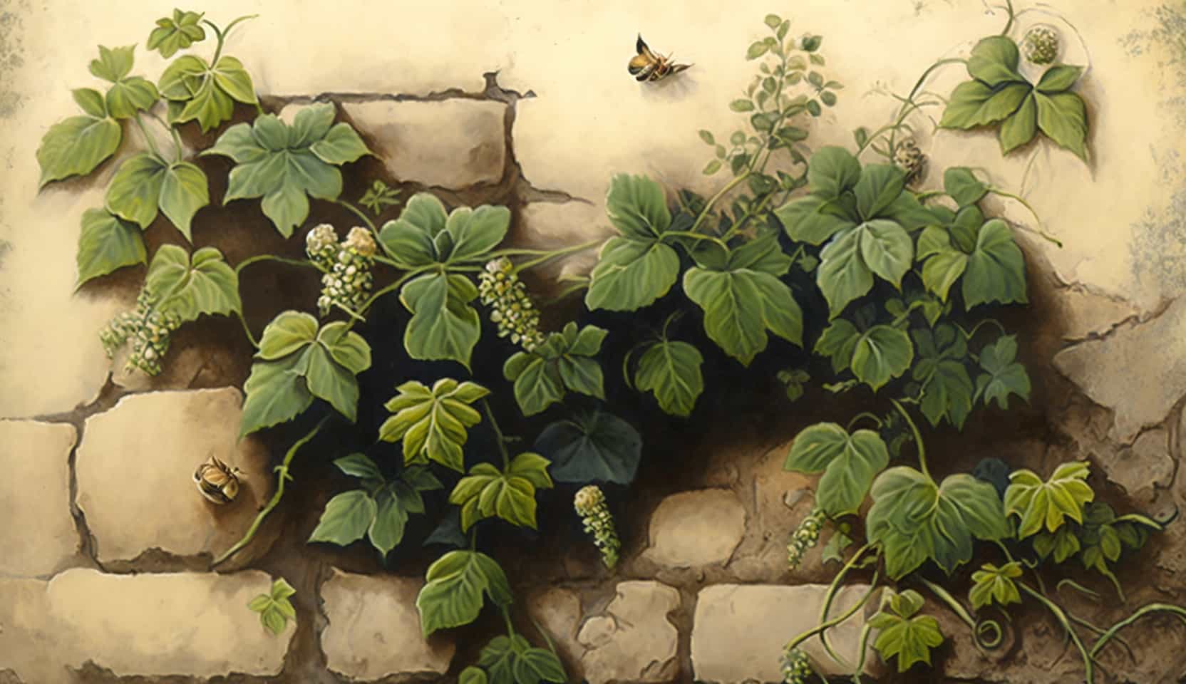 A stone wall covered in vy, with some pollinators flitting between the flowers. The image is in muted colours, and in the sty