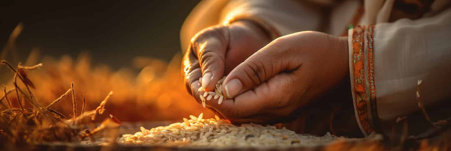Hands sifting through Basmati rice, AI image.