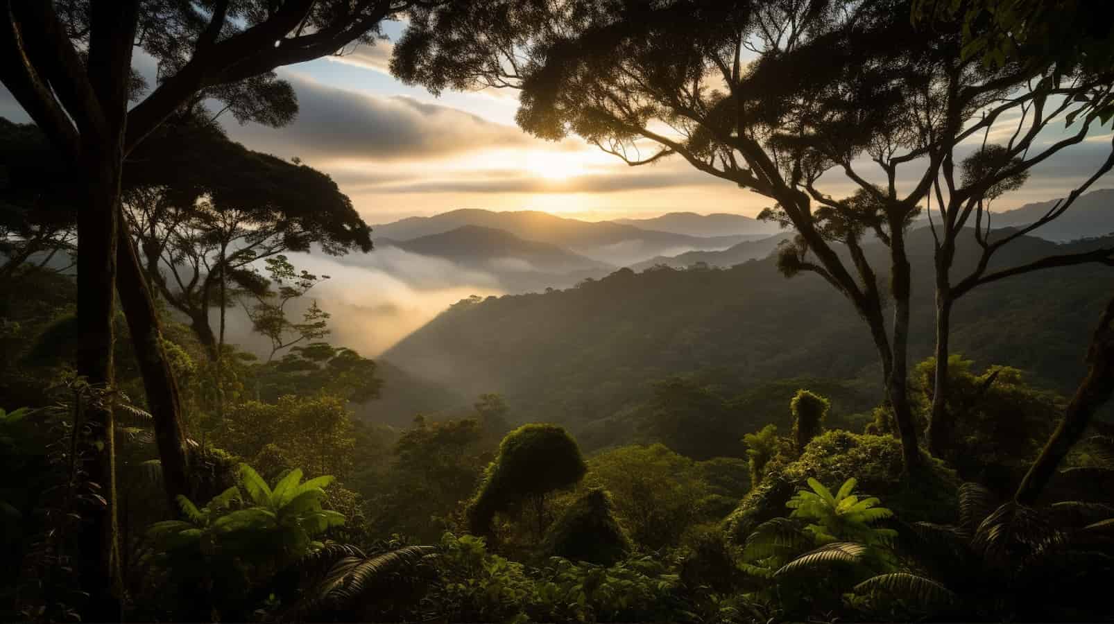 An AI generated image of what looks like the Atlantic Forest, if you don't look too hard. Early morning sunlight sends shafts