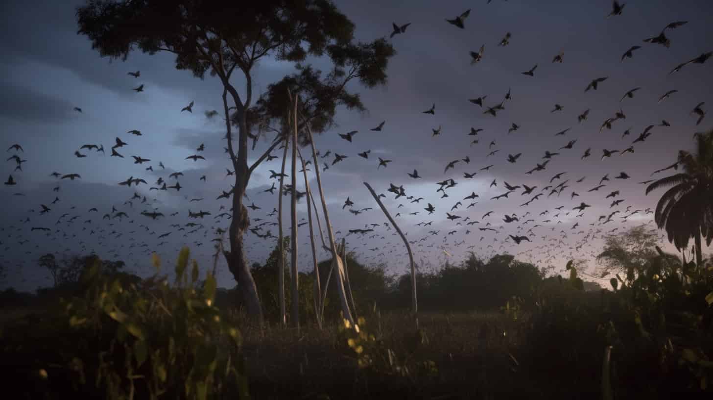 Computer-generated bats flit over a landscape looking for flowers to visit.