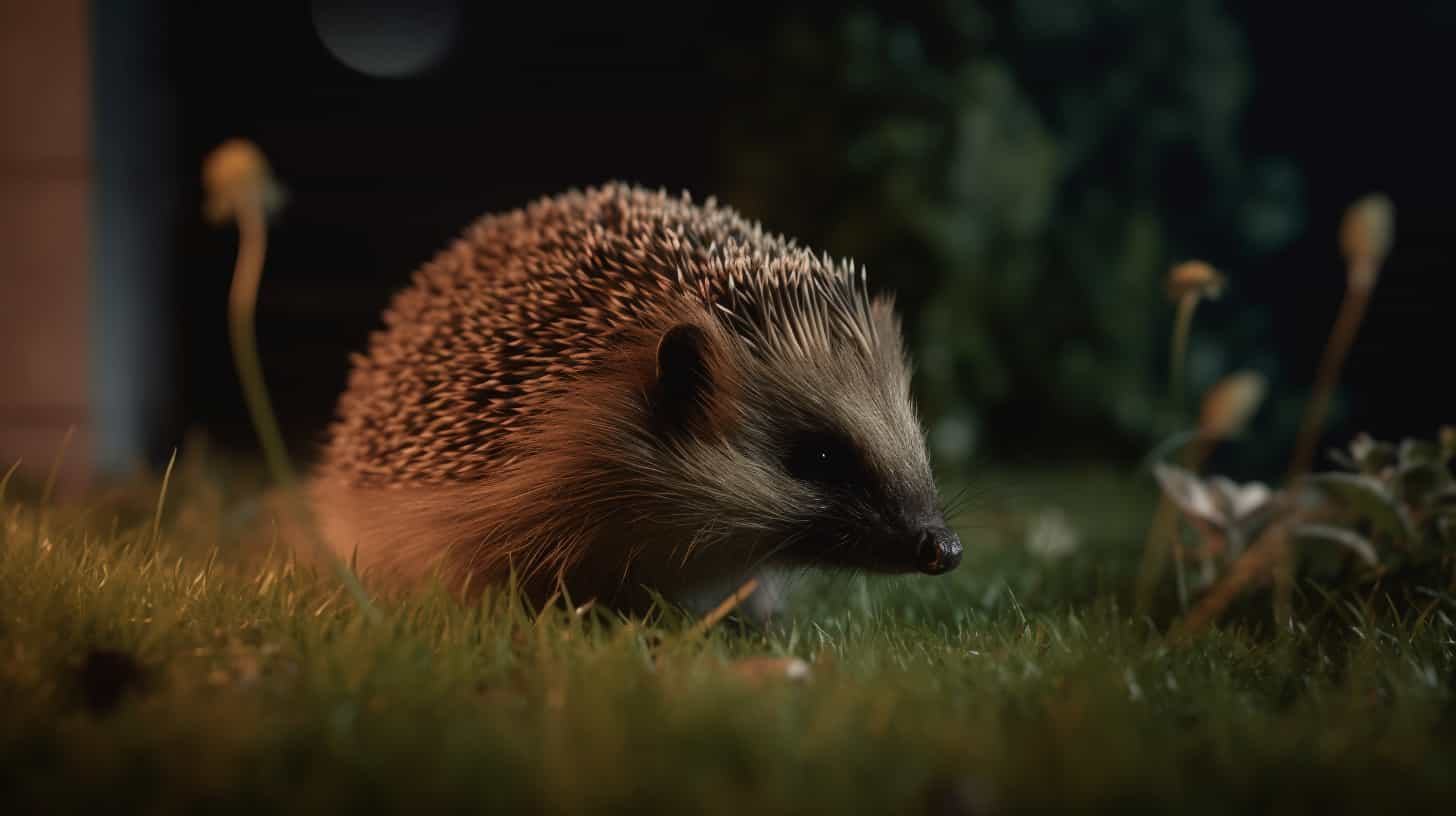 A close-up of an computer generated hedgehog foraging in a front garden.