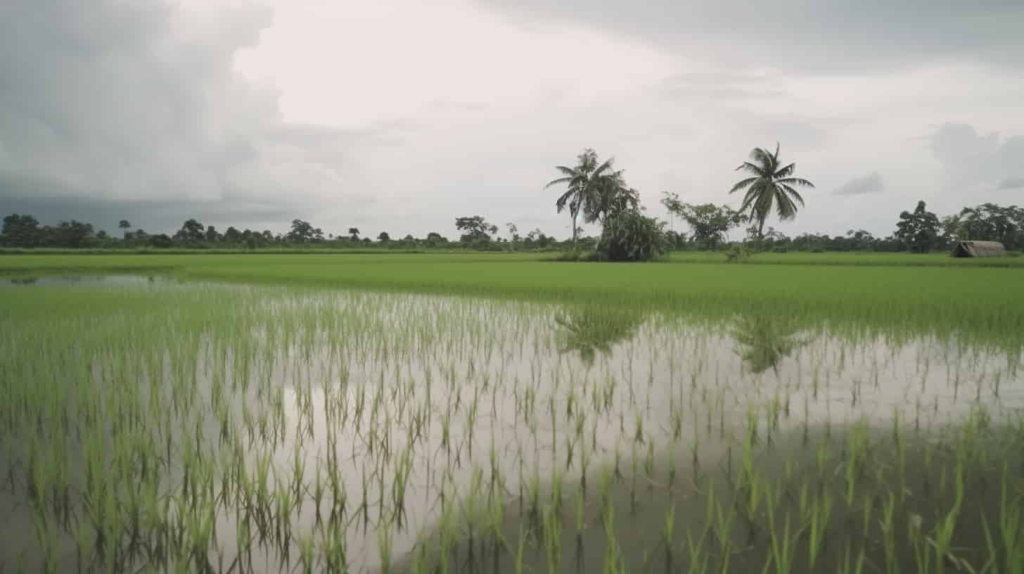 Computer generated rice in a paddy field.