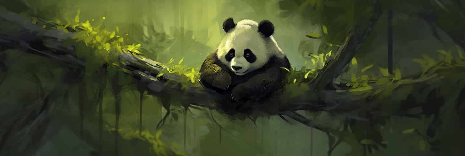 A digital painting of a panda in green light in a verdant forest, playing in a tree.