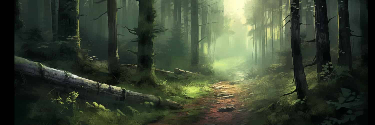 A digital painting of a path through a forest.