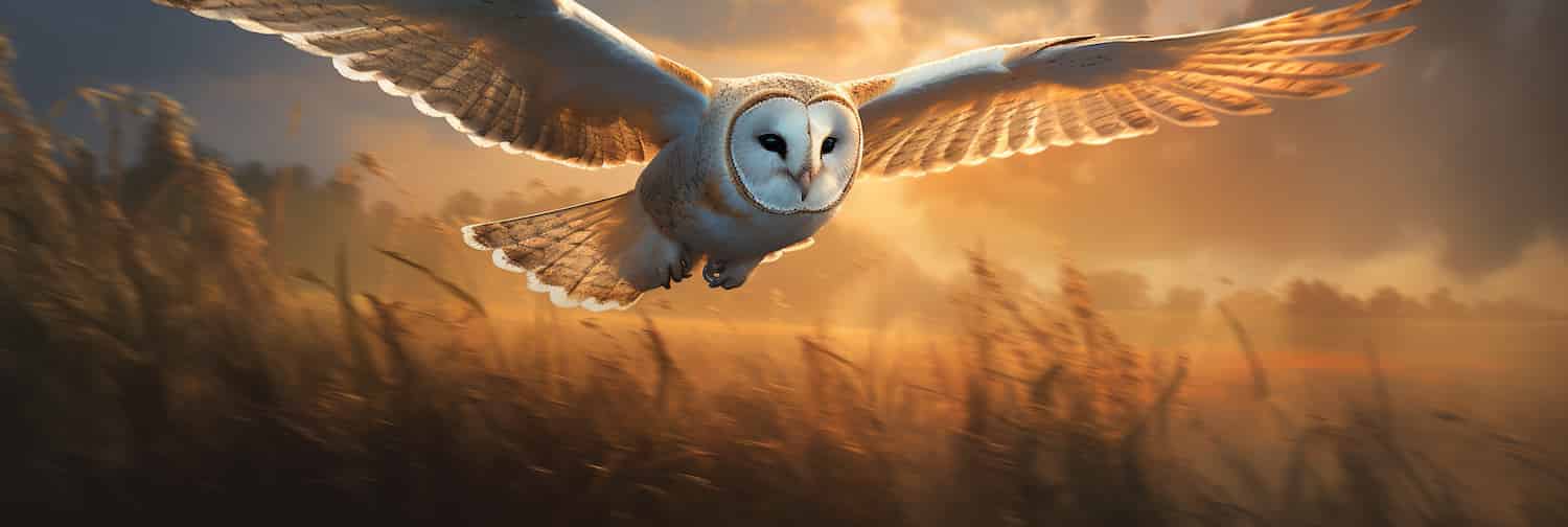 A computer-generated barn owl flies over a digital field.