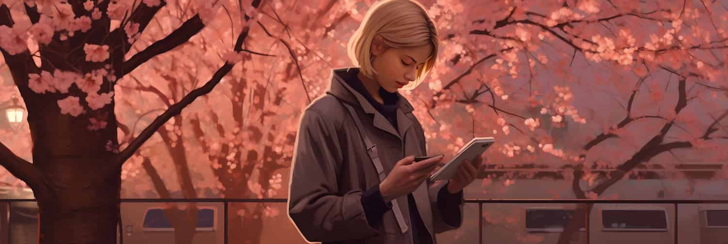 A botanist examines her smartphone under a blossoming tree.