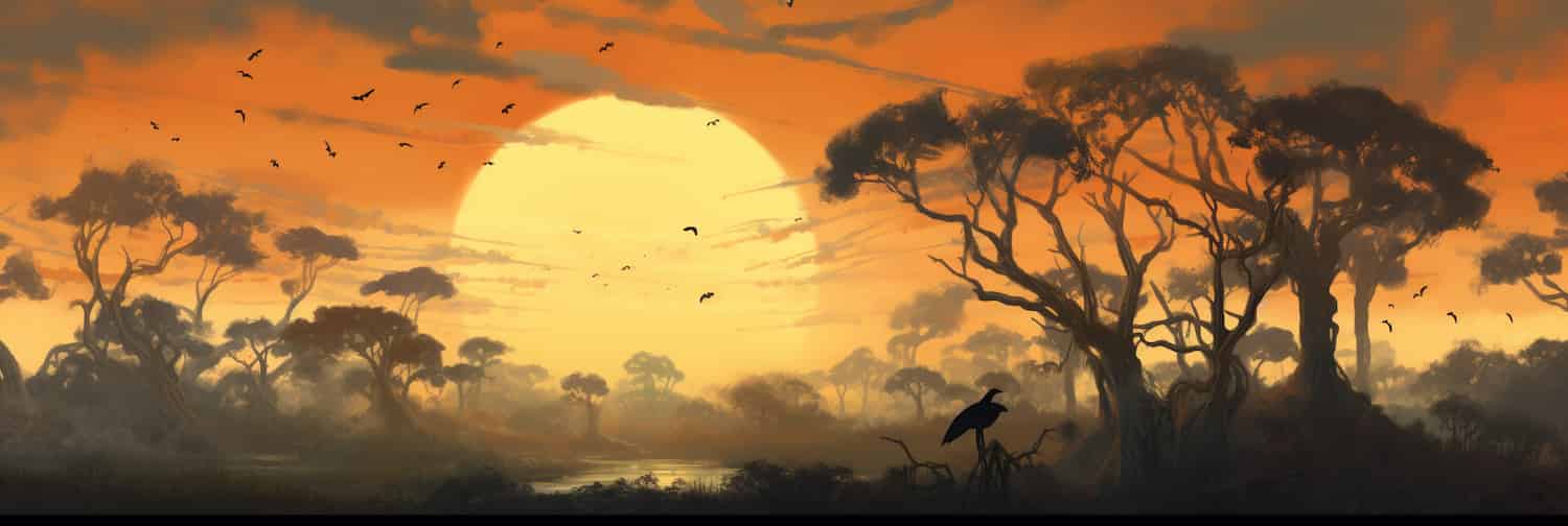 Computer generated flying foxes flyover digital trees.