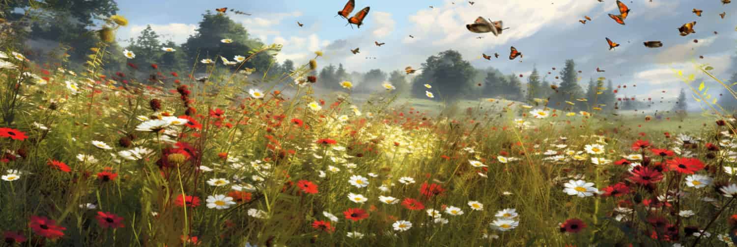 Computer-generated pollinators fly over a digital field.