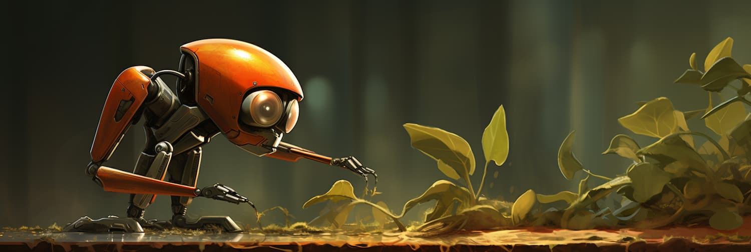 A digital robot measures computer-generated seeds.