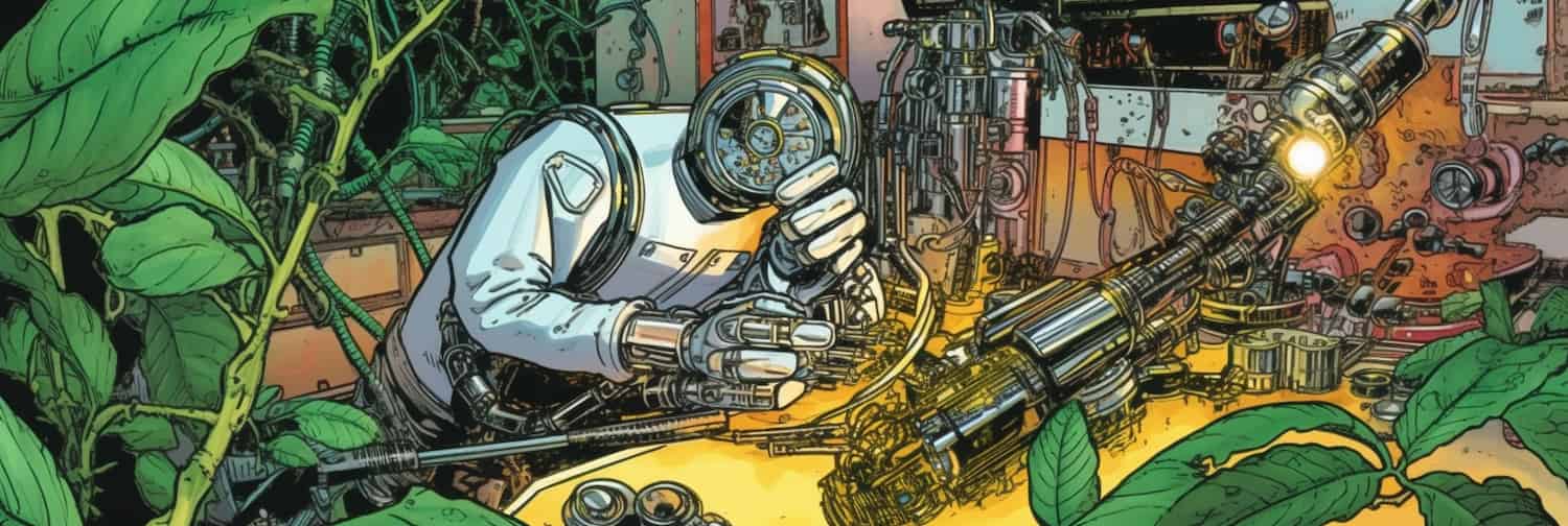 A computer-generated robot in the style of 1960s pulp scifi creates a leaf.