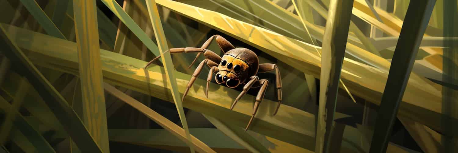 A digital spider sits on computer generated bamboo.