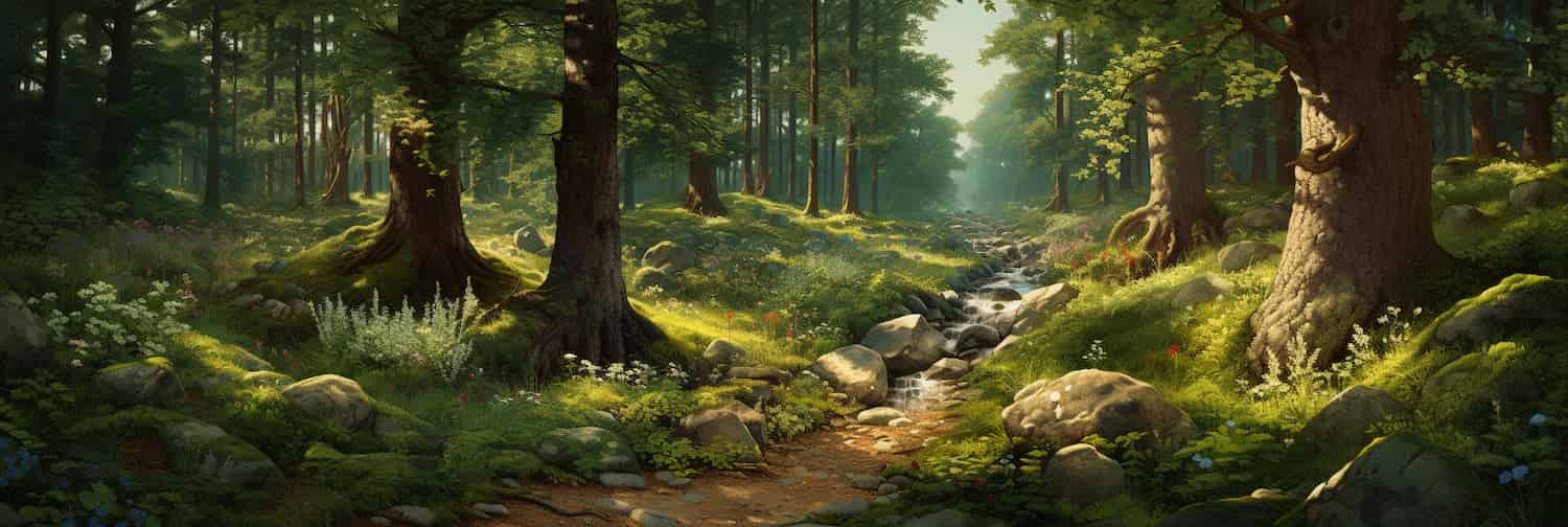 A meandering digital path through a computer-generated forest.