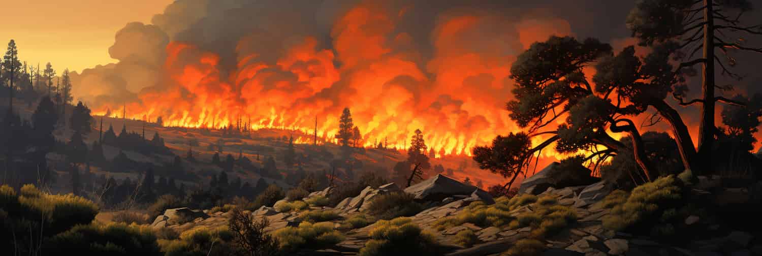 Computer generated flames rip through a digital forest.