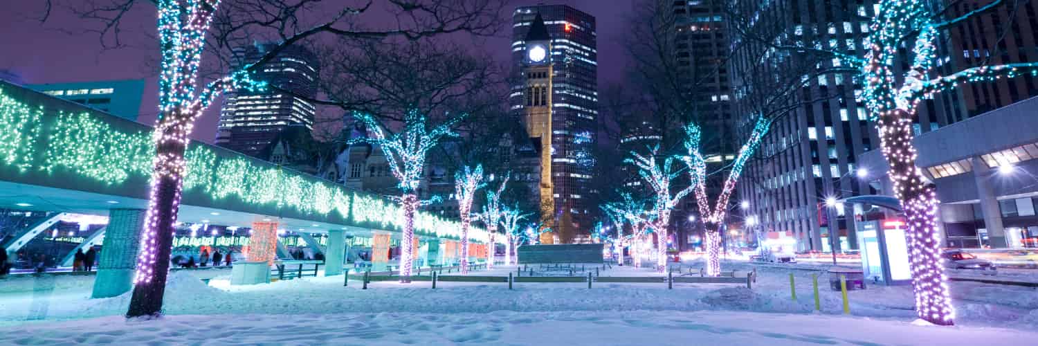 Trees in a icy blue Toronto mall, lit by fairy lights.