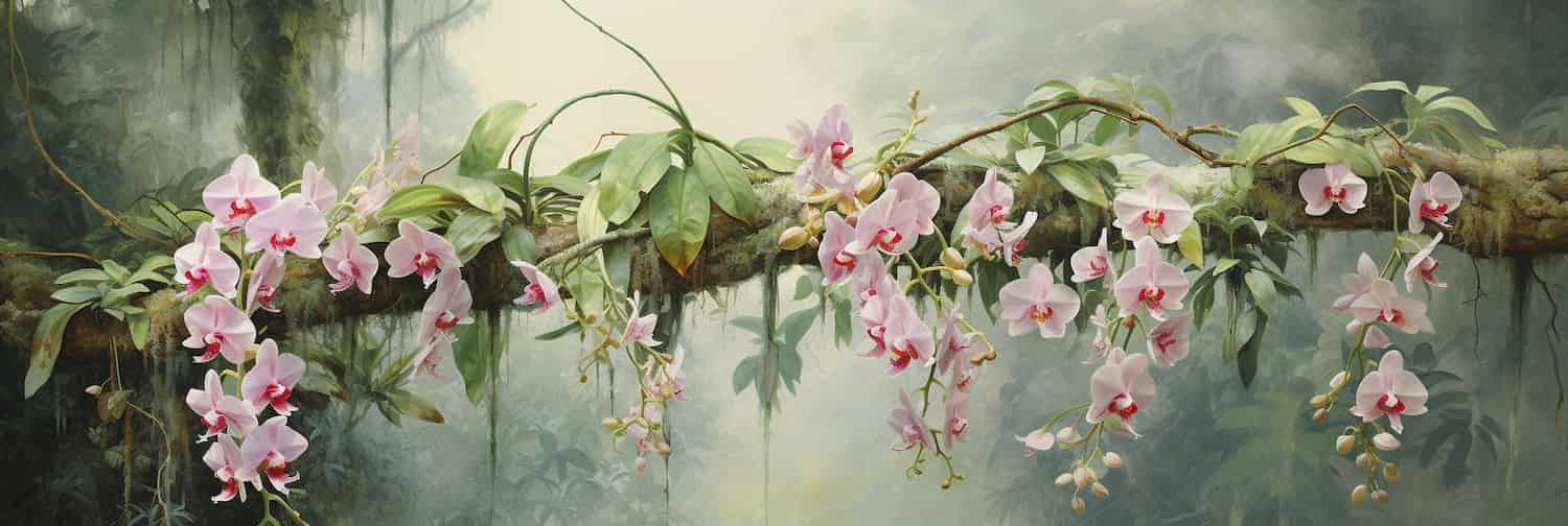 Digital orchids on a computer-generated branch.