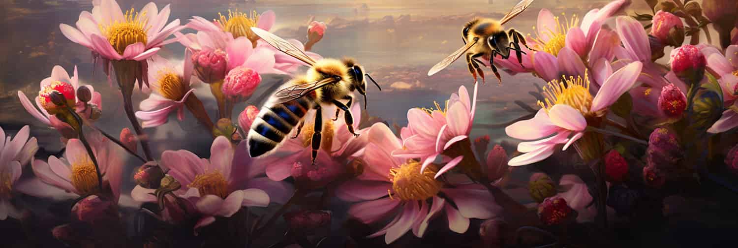 Computer-generated pollinators visit digital plants.