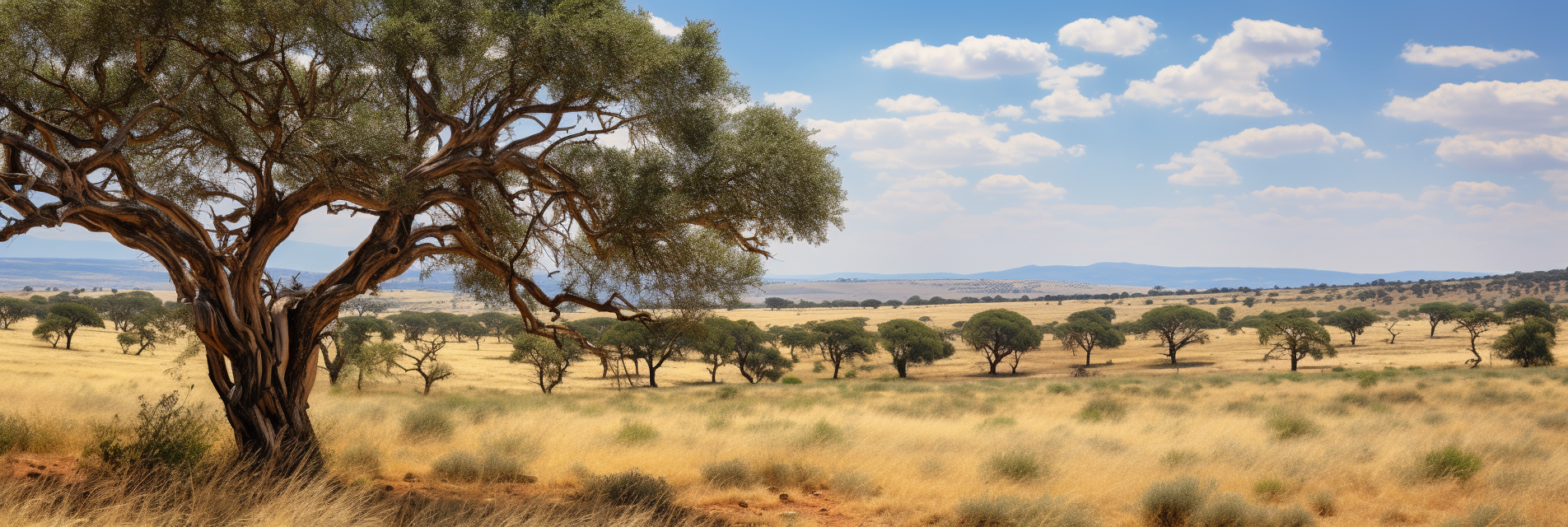 Digital olive trees invade a computer-generated landscape.