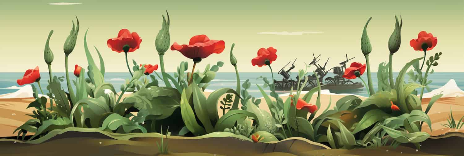 Computer-generated plants storming a digital beach.