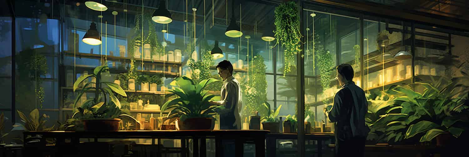 Digital botanists work on genetic data in a computer-generated lab.