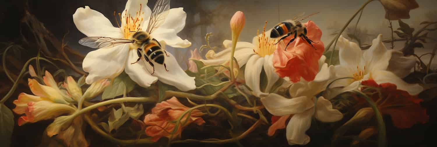 Computer-generated pollinators visiting digital flowers.