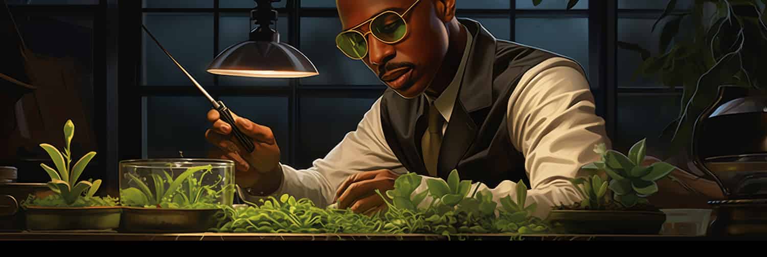 MC Hammer in a botanical lab examining a plant, discovering that he can in fact touch this.