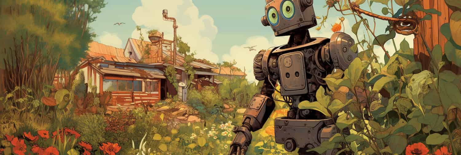 A digital robot ignores a computer-generated card, in the style of a 1950s pulp scifi comic.