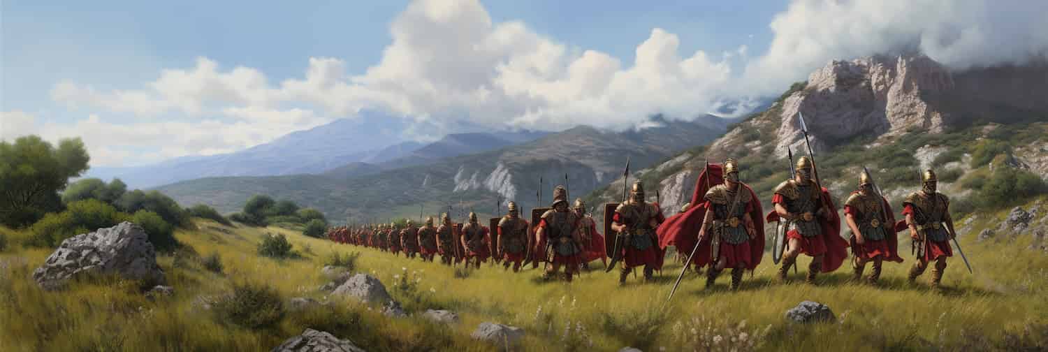 A digital Roman Army marches through computer generated mountains.