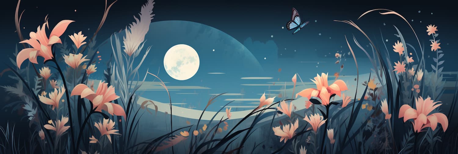 Computer-generated flowers waft in the digital twilight under a pixel moon.