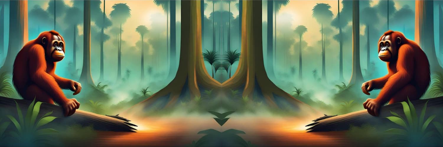 Two mirrored computer generated orangutans stare sadly at deforestation in a digital forest.