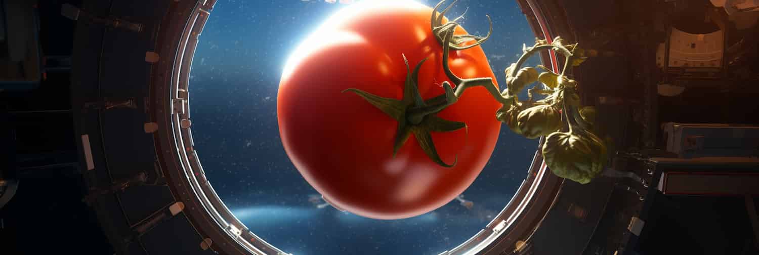 A digital tomato floating inside a computer-generated space station.