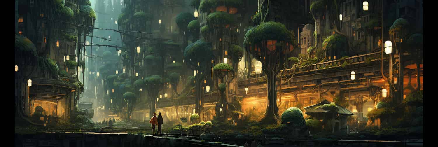 Computer-generated plants invading a digital city.