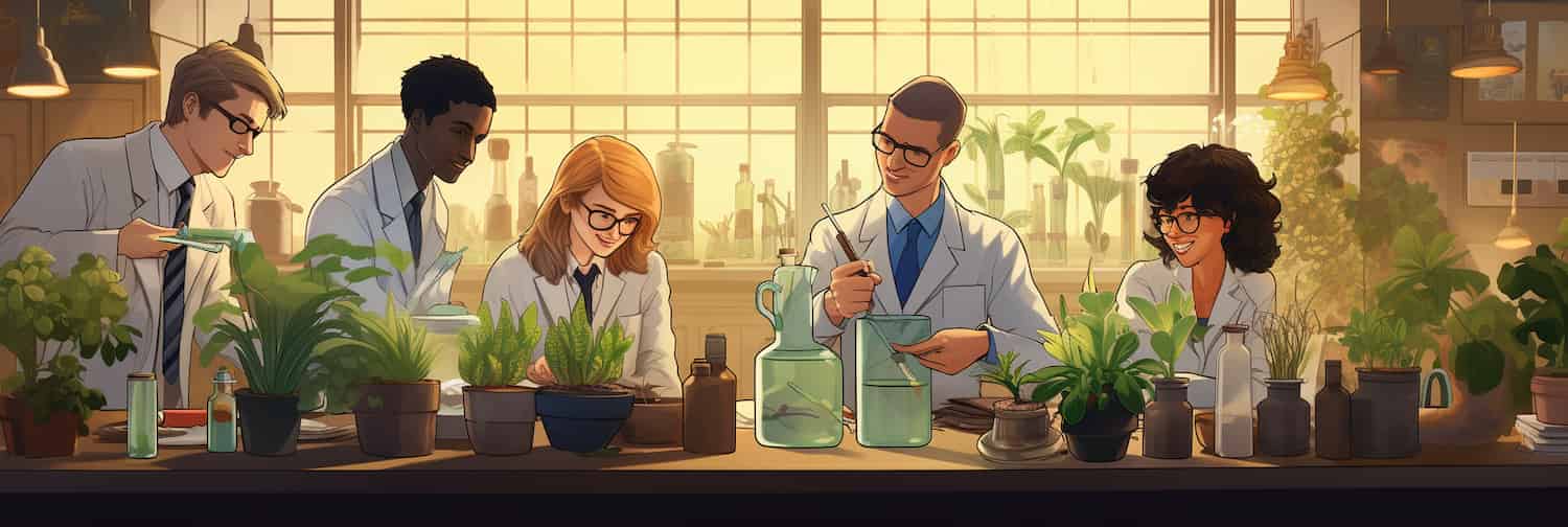 Digital scientists admire a coputer-generated seedling.